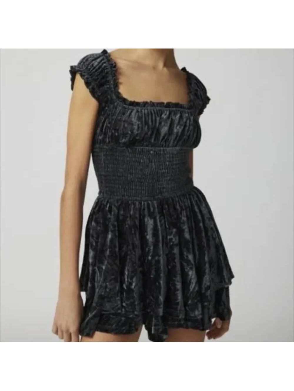Urban Outfitters - Black Velvet Smocked Waist Mini Romper, Size M